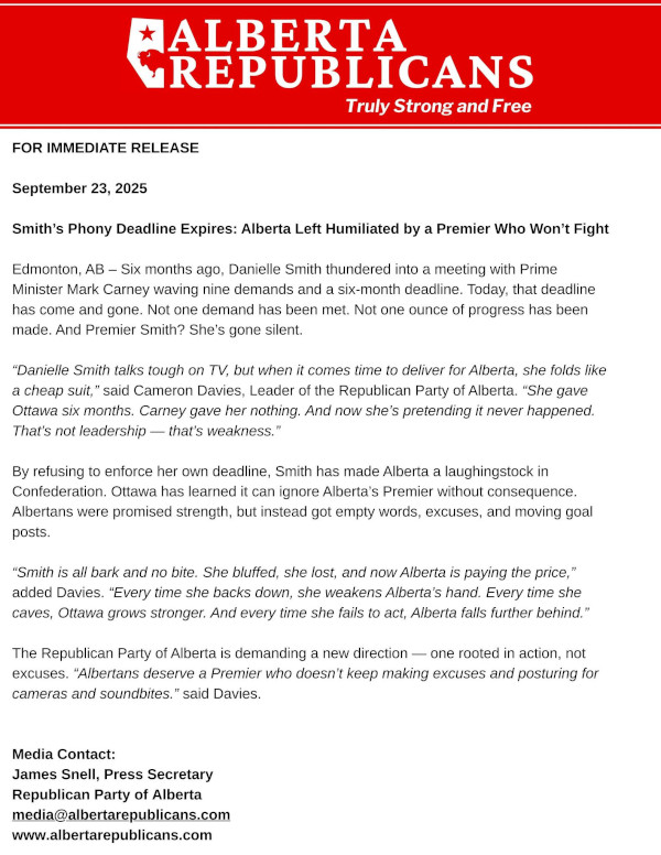 For Immediate Release | Smith's Phony Deadlines Expires: Alberta Left Humiliated by a Premier Who Won't Fight by the Republican Party of Alberta